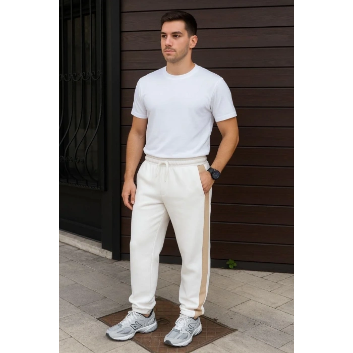 Erkek Üç İplik Kışlık Pamuklu Yandan Garneli Kalın Bej Şeritli Cepli Eşofman Altı - Beyaz