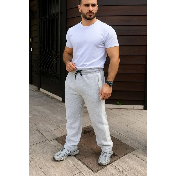 Erkek Üç İplik Kışlık Pamuklu Yandan Garneli Kalın Bej Şeritli Cepli Eşofman Altı - Gri