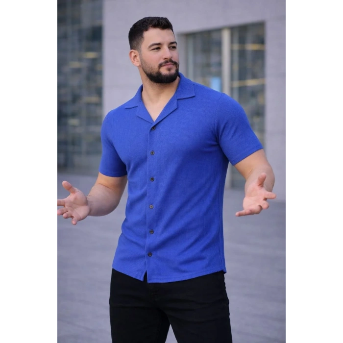 Erkek Waffle Dokuma Açık Yakalı Düğmeli Regular Kalıp 2’li Gömlek Seti - Siyah & Saks Mavisi