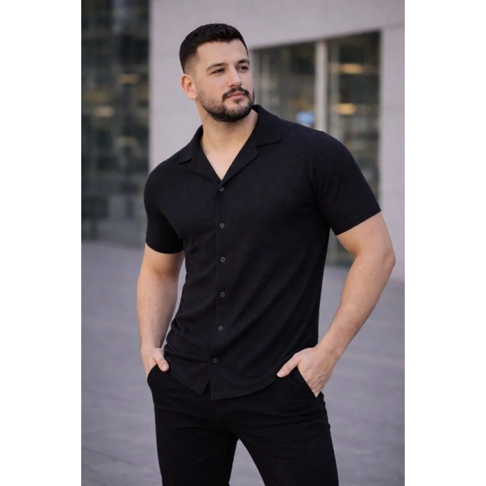 Erkek Waffle Kumaş Kısa Kollu Düğmeli Açık Yaka Regular Fit Gömlek - Siyah