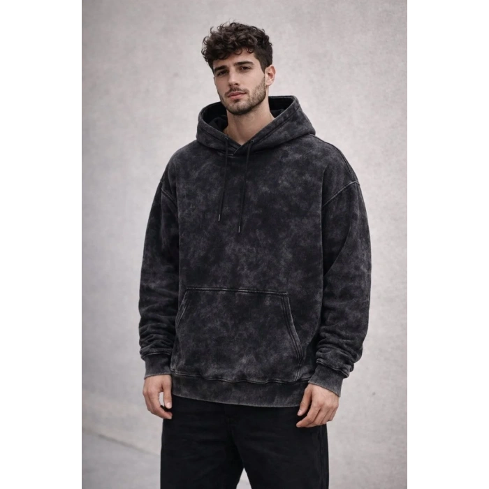 Erkek Yağ Yıkamalı Kapşonlu Double Oversize Üç İplik Pamuklu Sweatshirt - Siyah