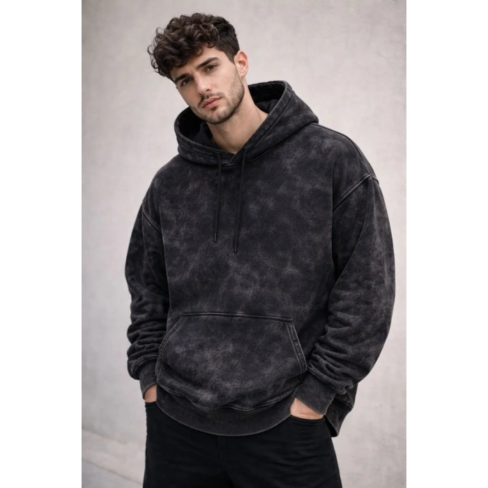 Erkek Yağ Yıkamalı Kapşonlu Double Oversize Üç İplik Pamuklu Sweatshirt - Siyah