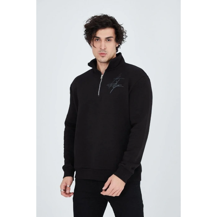 Erkek Yarım Fermuarlı Baskılı Sweat - Siyah