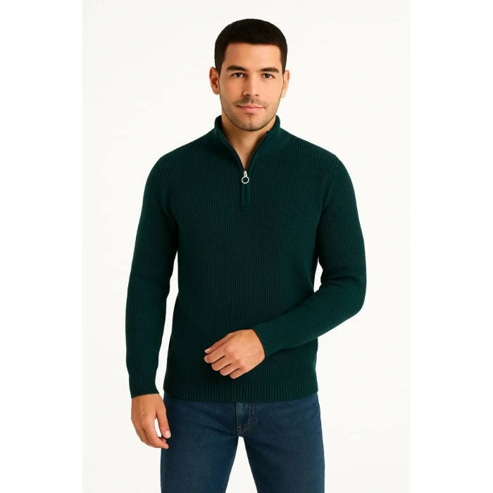 Erkek Yarım Fermuarlı Triko Kazak – Selanik Örgü, Dik Yaka, Pamuklu Dokuma, Regular Fit Uzun Kollu Kışlık Model - Haki