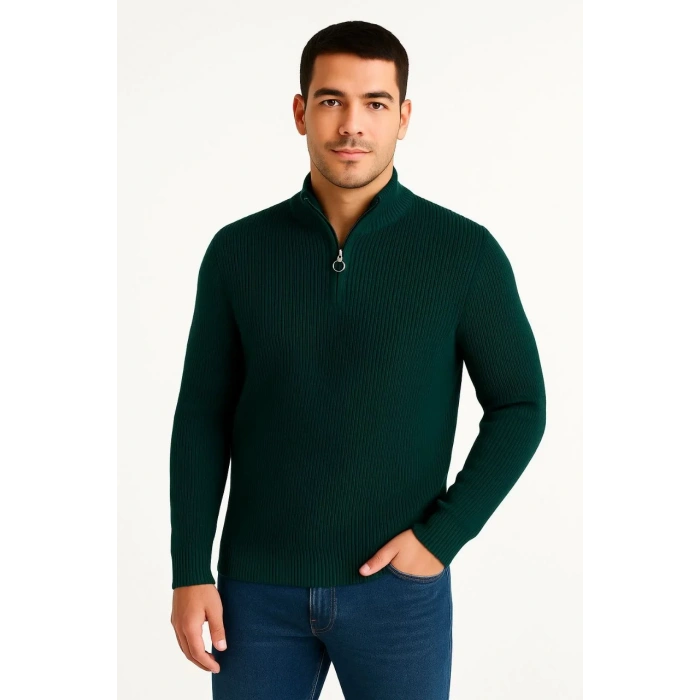 Erkek Yarım Fermuarlı Triko Kazak – Selanik Örgü, Dik Yaka, Pamuklu Dokuma, Regular Fit Uzun Kollu Kışlık Model - Haki