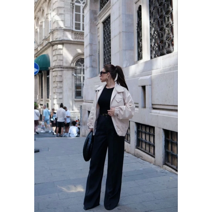 Fermuarlı Gömlek Yaka Bomber Ceket - Beyaz