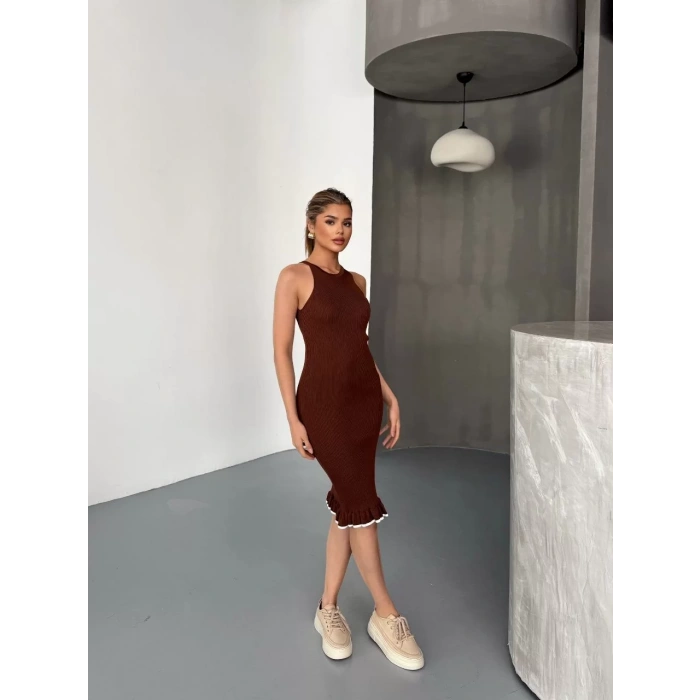 Fırfır Detaylı Triko Elbise- Kahverengi