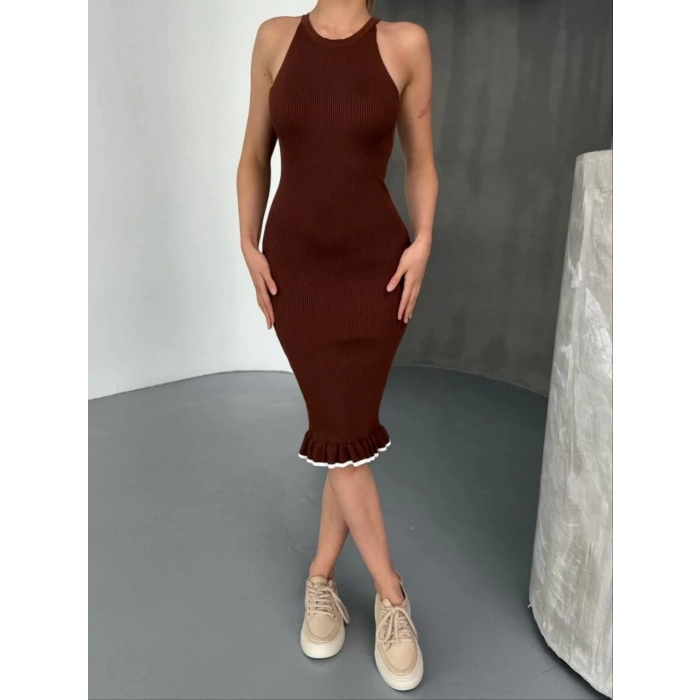 Fırfır Detaylı Triko Elbise- Kahverengi