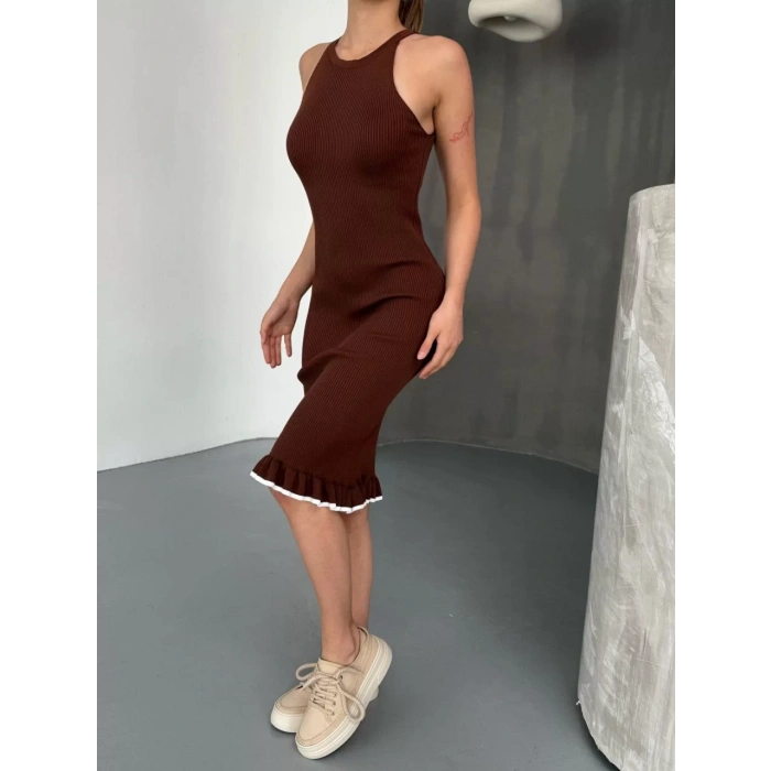 Fırfır Detaylı Triko Elbise- Kahverengi