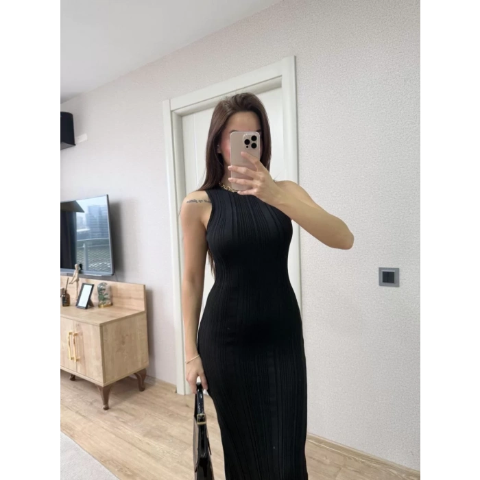 Fitilli Triko Elbise Kolsuz Sırtı Kapalı Maxi Uzun Boy - Siyah