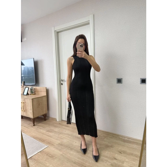 Fitilli Triko Elbise Kolsuz Sırtı Kapalı Maxi Uzun Boy - Siyah