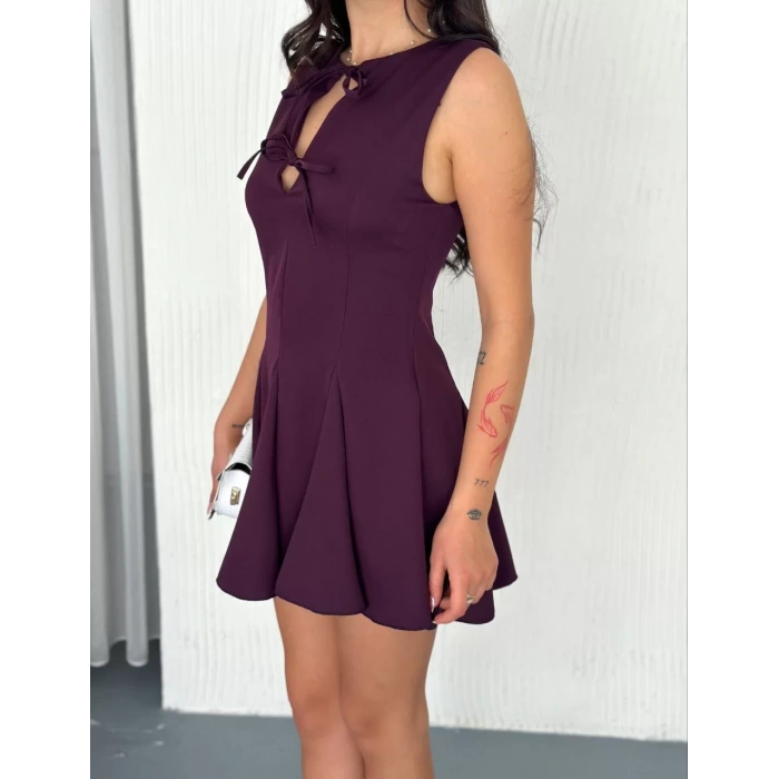 Göğüs Bağlamalı Kolsuz Mini Boy Elbise - Gül Kurusu