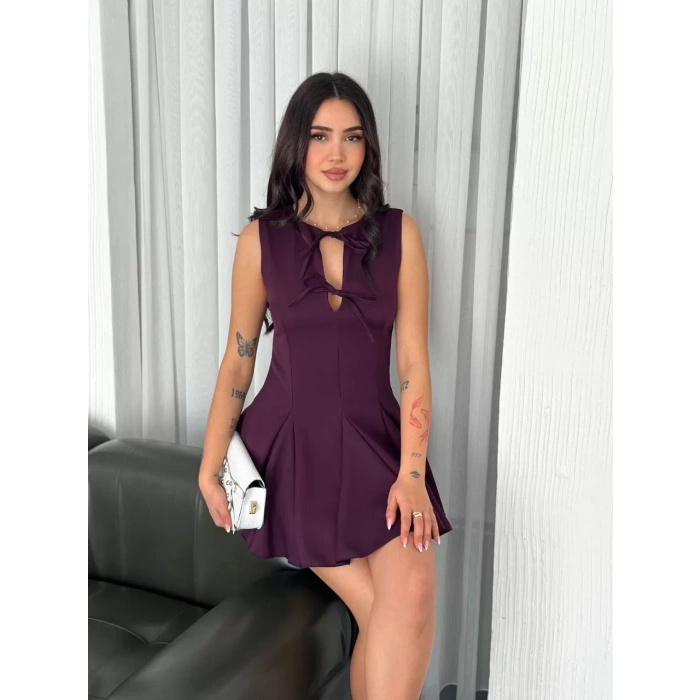 Göğüs Bağlamalı Kolsuz Mini Boy Elbise - Gül Kurusu