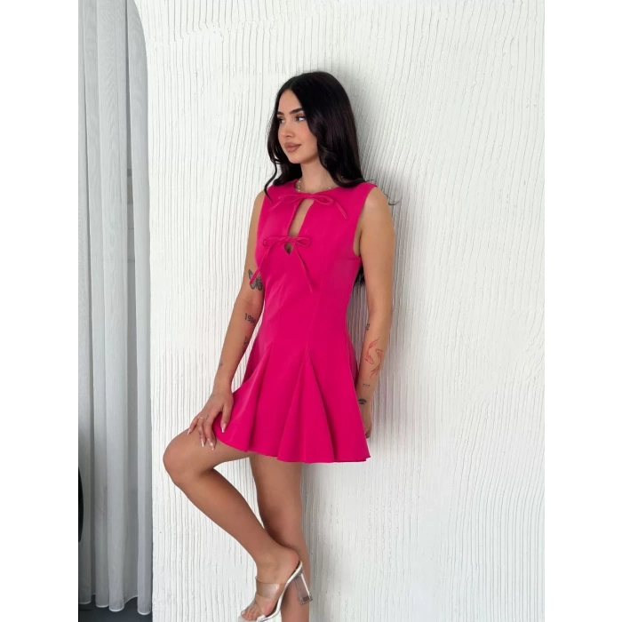 Göğüs Bağlamalı Kolsuz Mini Boy Elbise - Pembe