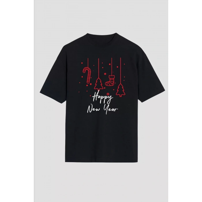 Happy New Year Baskılı T-shirt - Siyah