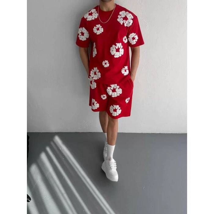 İki İplik Kumaş Baskılı T-shirt Şortlu Takım- Kırmızı