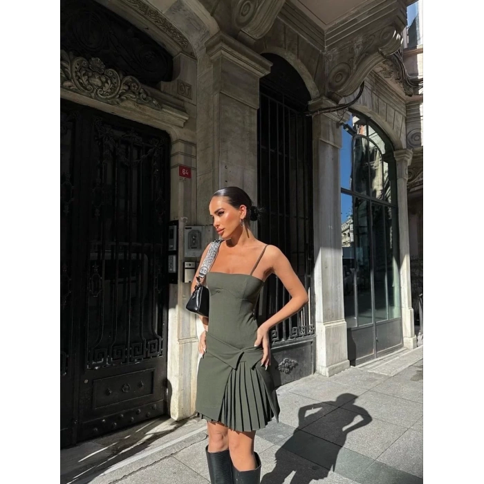 İki Parçalı Pileli Askılı Kadın Mini Elbise - Haki