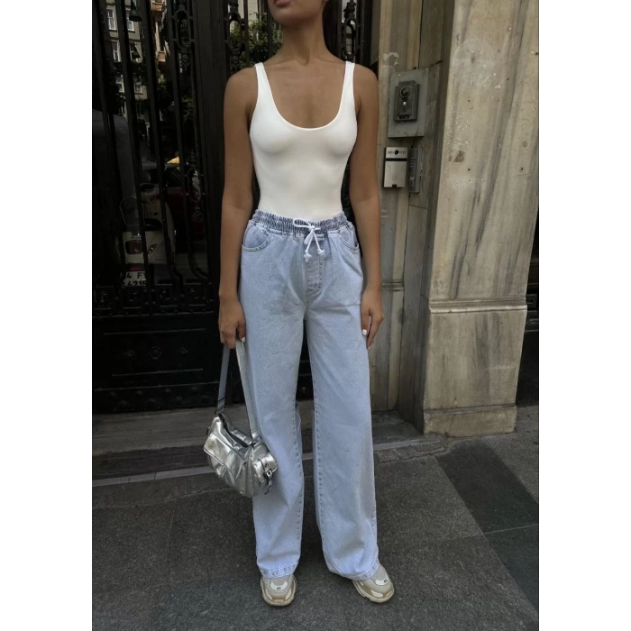 Kadın Arkadan Yırtmaçlı Jeans Kot Palazzo Pantolon - Mavi