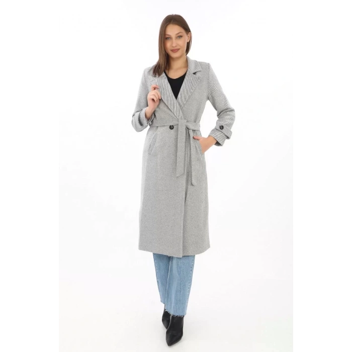 Kadın Astarlı Balık Sırtı Kaşmir Kaşe Kaban - Gri