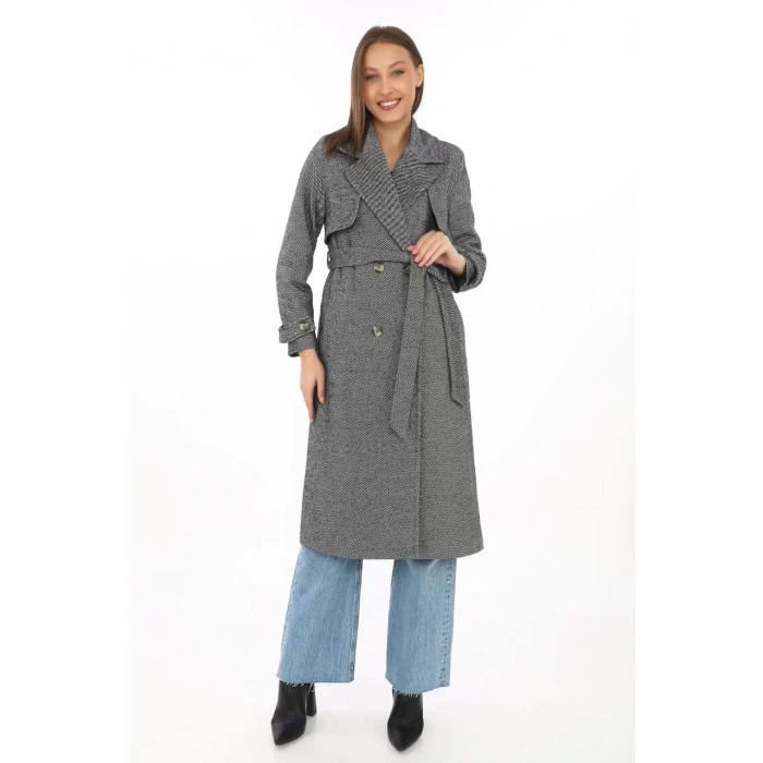 Kadın Balık Sırtı Kaşmir Uzun Kaşe Kaban - Boyalı Gri