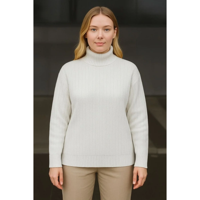 Kadın Balıkcı Yaka Bağazlı Triko Kazak Pamuklu Kalın Fitilli Dokuma - Beyaz