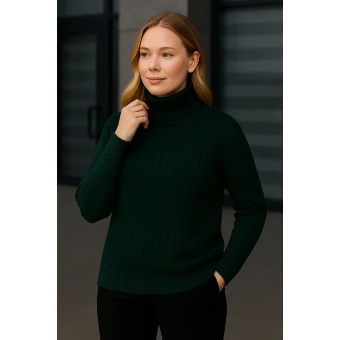 Kadın Balıkcı Yaka Bağazlı Triko Kazak Pamuklu Kalın Fitilli Dokuma - Haki