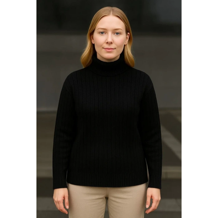 Kadın Balıkcı Yaka Bağazlı Triko Kazak Pamuklu Kalın Fitilli Dokuma - Siyah