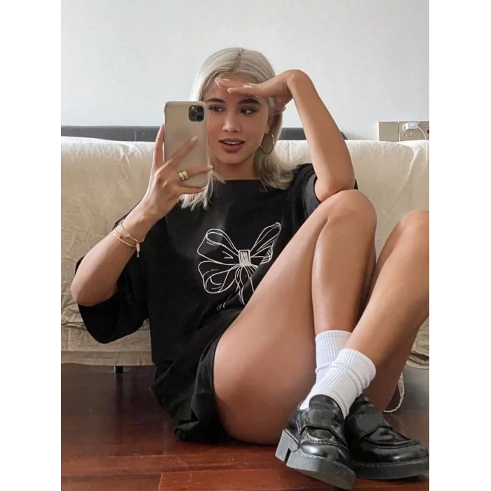 Kadın Baskılı Oversize T-shirt - Siyah