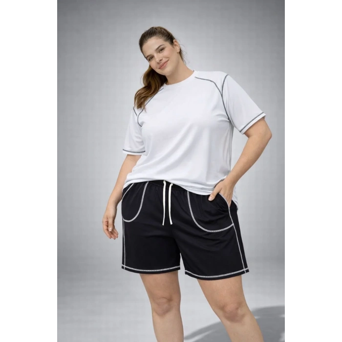 Kadın Battal Beden Kısa Kollu Tişört Şort Takım Kontrast Dikiş Detaylı Günlük Ev Giyimi - Beyaz