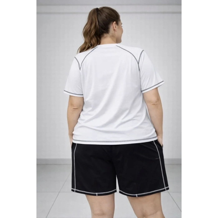 Kadın Battal Beden Kısa Kollu Tişört Şort Takım Kontrast Dikiş Detaylı Günlük Ev Giyimi - Beyaz