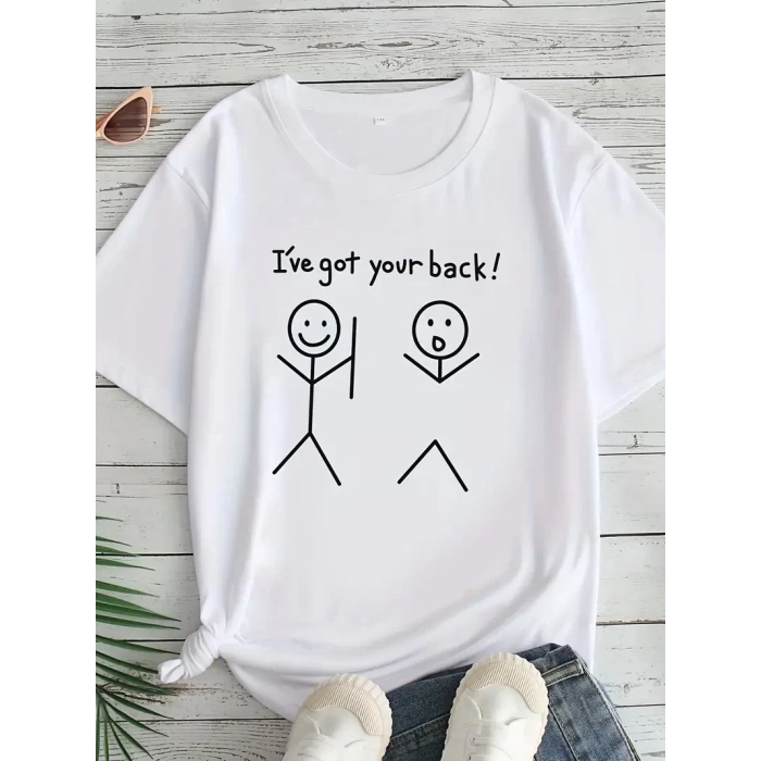Kadın Beyaz Ive Got Your Back Grafik Tişört - Eğlenceli Çubuk Tasarımlı Oversize Günlük Kısa Kollu Tişört, Polyester Örgü, Yuvarlak Yaka, İlkbahar ve Yaz için Mükemmel, Günlük Giyim Tişört | Eğlenceli Tasarım | Polyester Kumaş - Beyaz