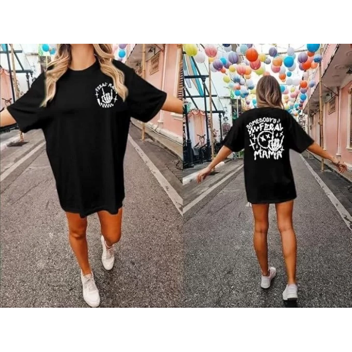 Kadın Bisiklet Yaka Baskılı T-shirt - Siyah