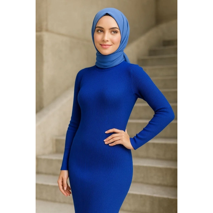 Kadın Boğazlı Uzun Fitilli Tesettüre Uygun Triko Dokuma Elbise - Saks Mavisi