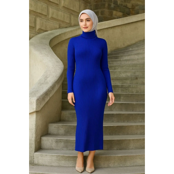 Kadın Boğazlı Uzun Fitilli Tesettüre Uygun Triko Dokuma Elbise - Saks Mavisi
