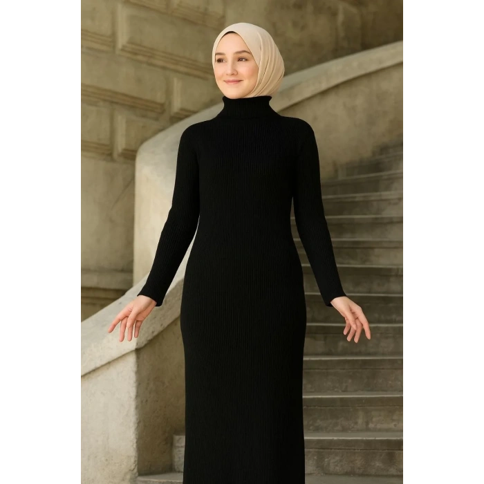 Kadın Tesettür Triko Elbise – Boğazlı Uzun Fitilli Dokuma, Esnek Tam Kalıp, 130 cm Midi Boy, Bahar & Kış Şık Rahat Stil - Siyah