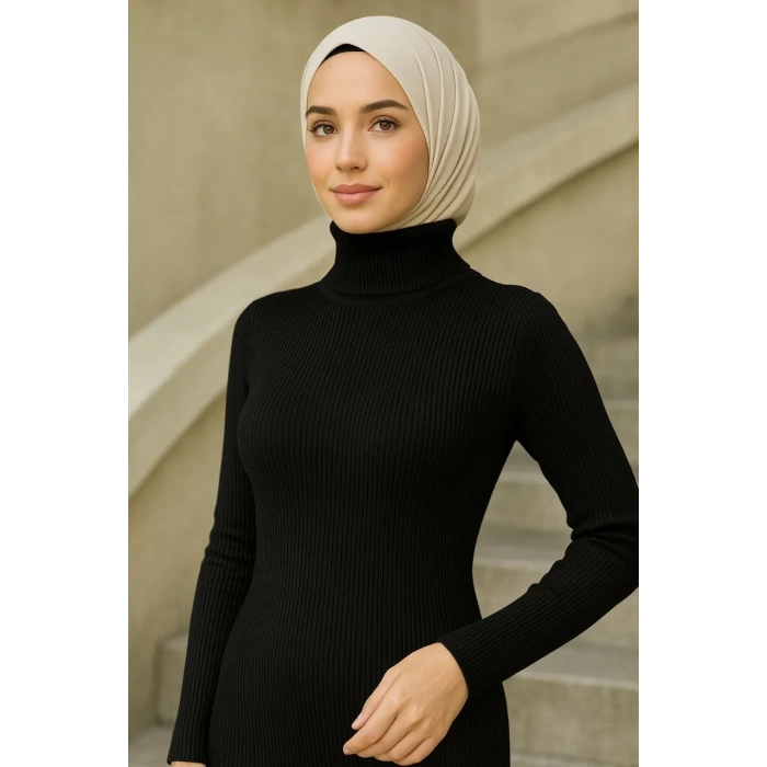 Kadın Tesettür Triko Elbise – Boğazlı Uzun Fitilli Dokuma, Esnek Tam Kalıp, 130 cm Midi Boy, Bahar & Kış Şık Rahat Stil - Siyah