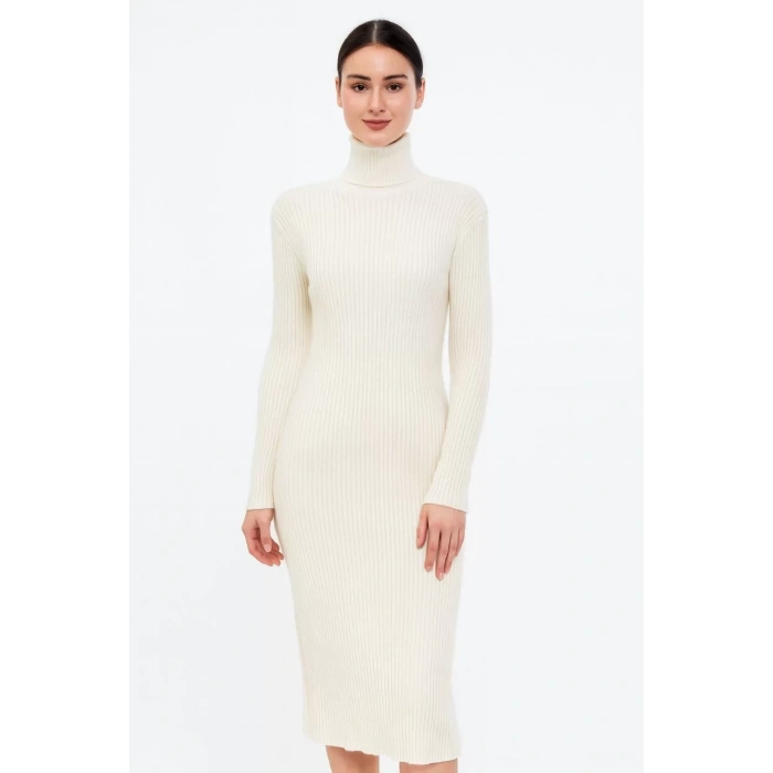 Kadın Boğazlı Triko Elbise – Uzun Fitilli Esnek Dokuma, Tam Kalıp, Kışlık & Baharlık Şık Rahat Stil, 130 cm Midi Boy Elbise - Beyaz