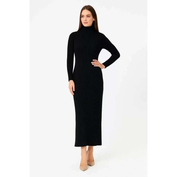 Kadın Boğazlı Triko Elbise – Uzun Fitilli Esnek Dokuma, Tam Kalıp, Kışlık & Baharlık Şık Rahat Stil, 130 cm Midi Boy Elbise - Siyah