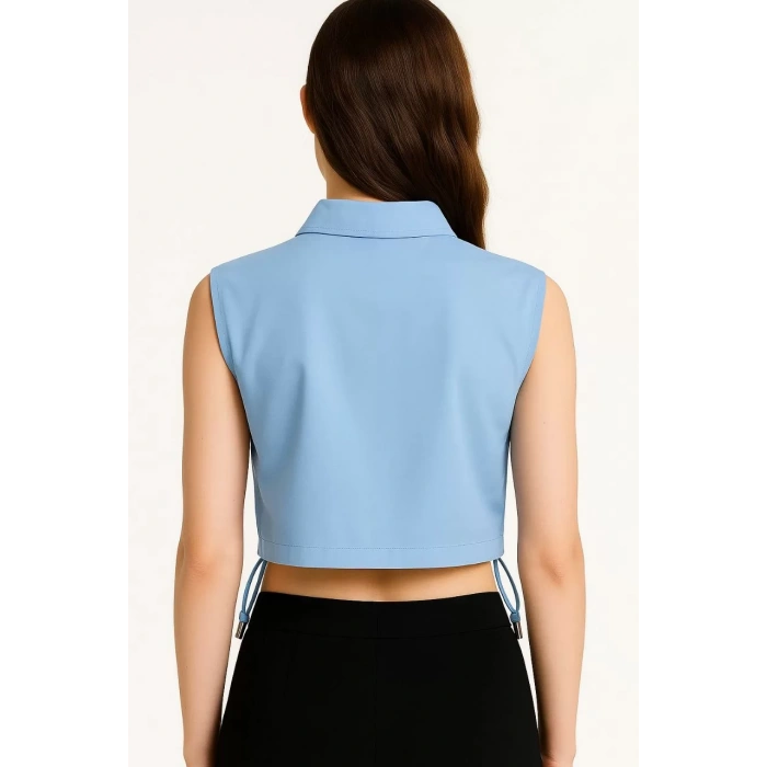 Kadın Crop Poplin Gömlek Yalancı Cepli, Ayarlanabilir Yan Kordonlu, - Bebe Mavisi