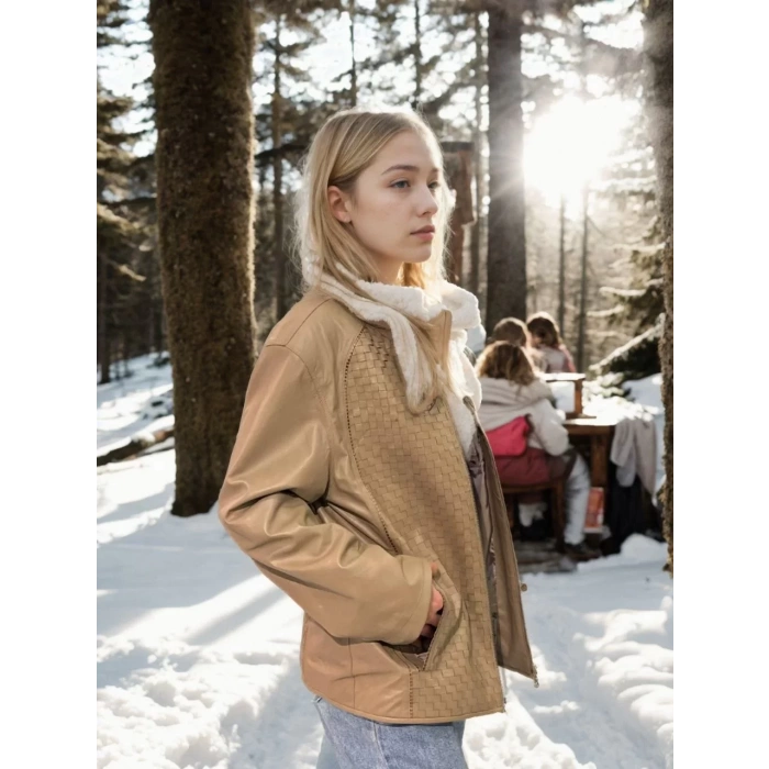 Kadın Fileli Deri Ceket - Krem