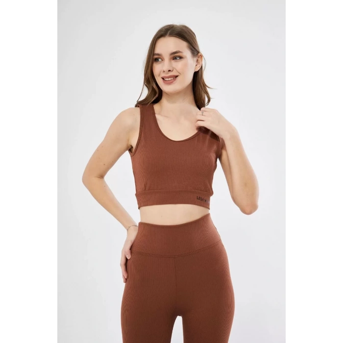 Kadın Fitilli Baskılı Crop - Kahve