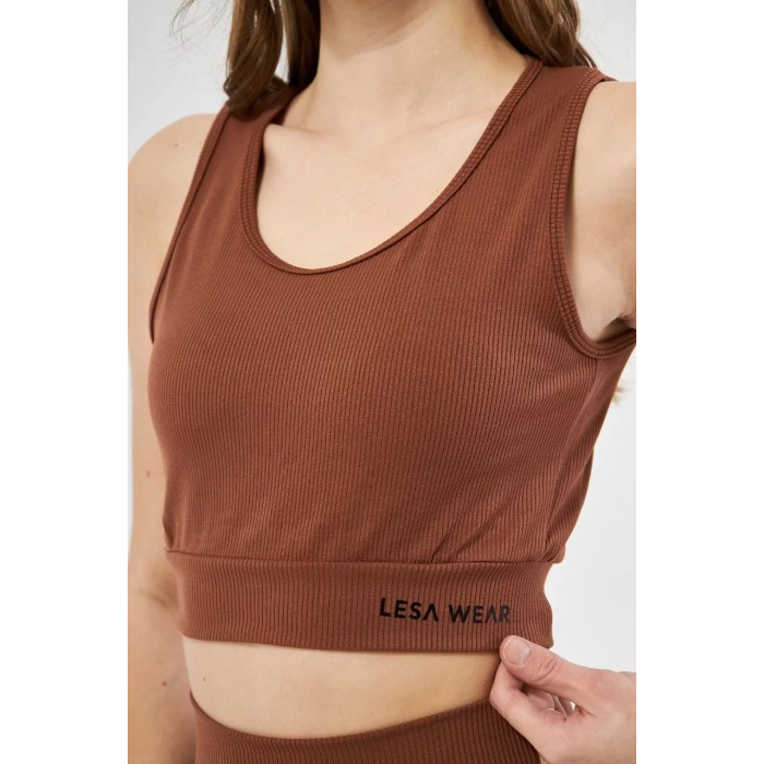 Kadın Fitilli Baskılı Crop - Kahve