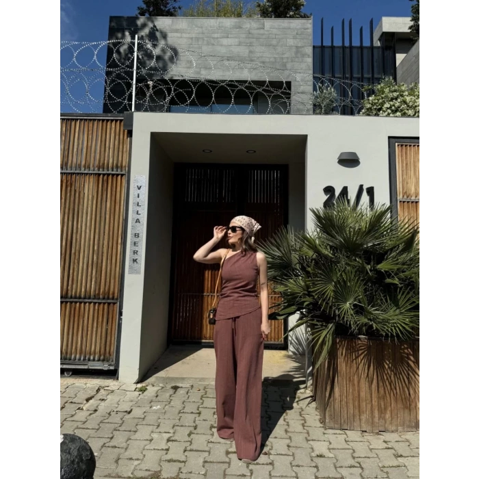 Kadın Keten Asimetrik Tek Omuzlu Bluz Pantalon Takım- Bordo