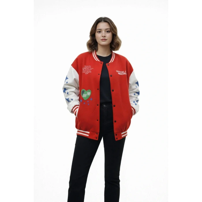 Kadın Kırmızı Varsity Çıtçıtlı Baskılı Oversize kalıp Kolej Ceket - Kırmızı