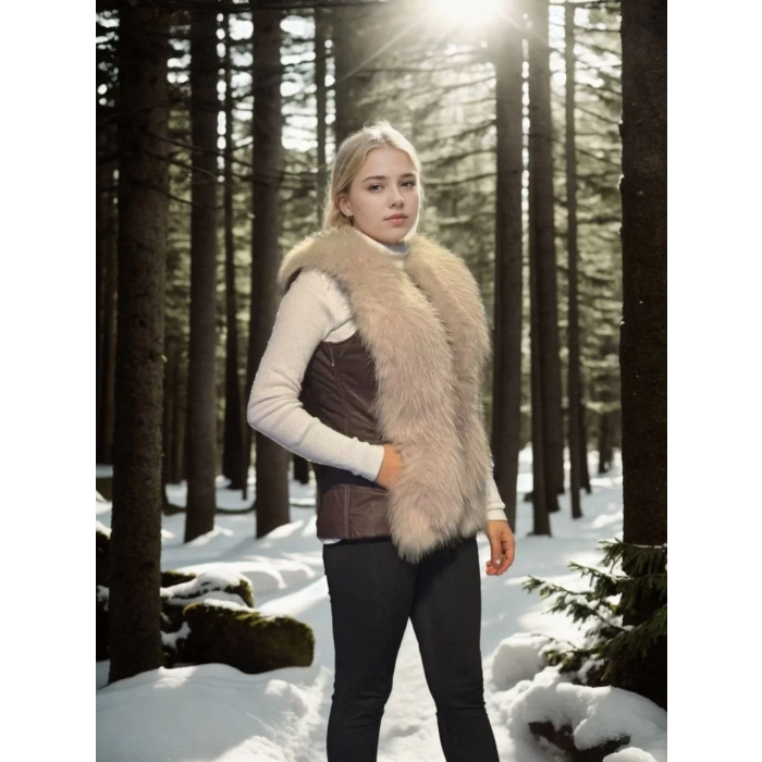 Kadın Kolsuz Fermuarlı Yelek - Kahve