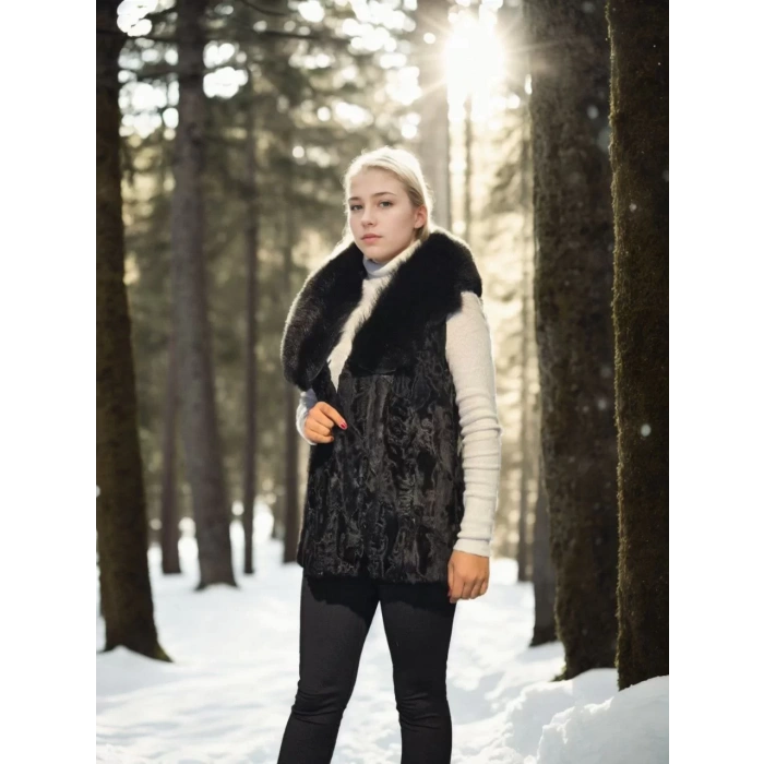 Kadın Kolsuz Hakiki Kürk - Siyah