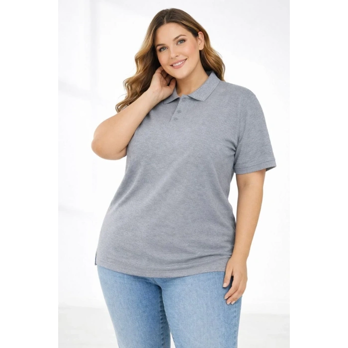 Kadın Pike Kumaş Düğmeli Yaka Battal Büyük Beden Günlük Kısa kol Tişört T-shirt - Gri