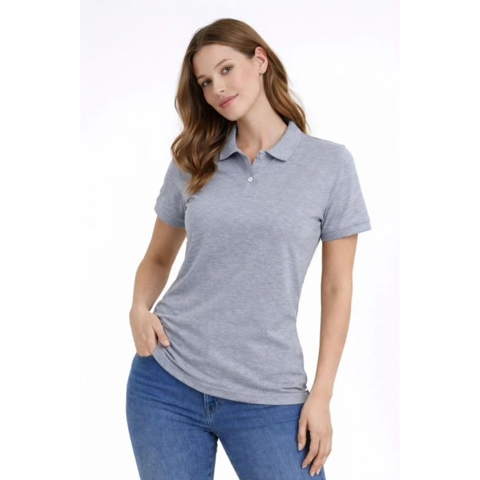 Kadın Pike Kumaş Düğmeli Yaka Regular Rahat Günlük Kısa kol Tişört T-shirt - Gri