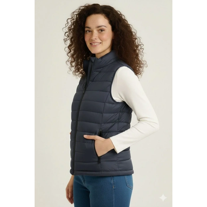 Kadın Şişme Fermuarlı Yelek Su itici Kapitone Astarlı Kumaş Cepli Hafif Kışlık Spor Rahat Kalıp - Lacivert