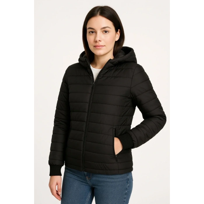 Kadın Şişme Kapüşonlu Fermuarlı Mont Su itici Kapitone Astarlı Kumaş Cepli Kışlık Rahat Kalıp - Siyah